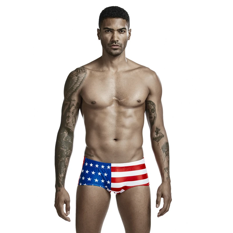 Seobean Men's beach hot springs quick dry flat angle low waist swimming trunks aquatics swimsuit American flag