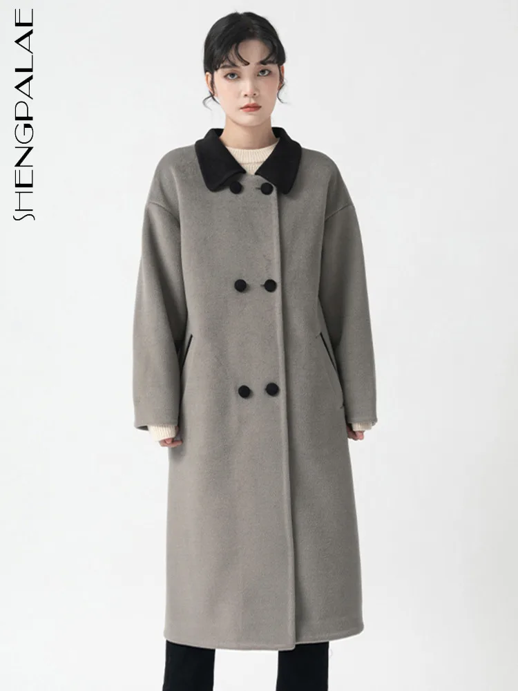 

SHENGPALAE Contrast Color Lapel Woolen Coat For Women High Quality Female Double Breasted Blends Outwear Autumn 2023 New 5R7570