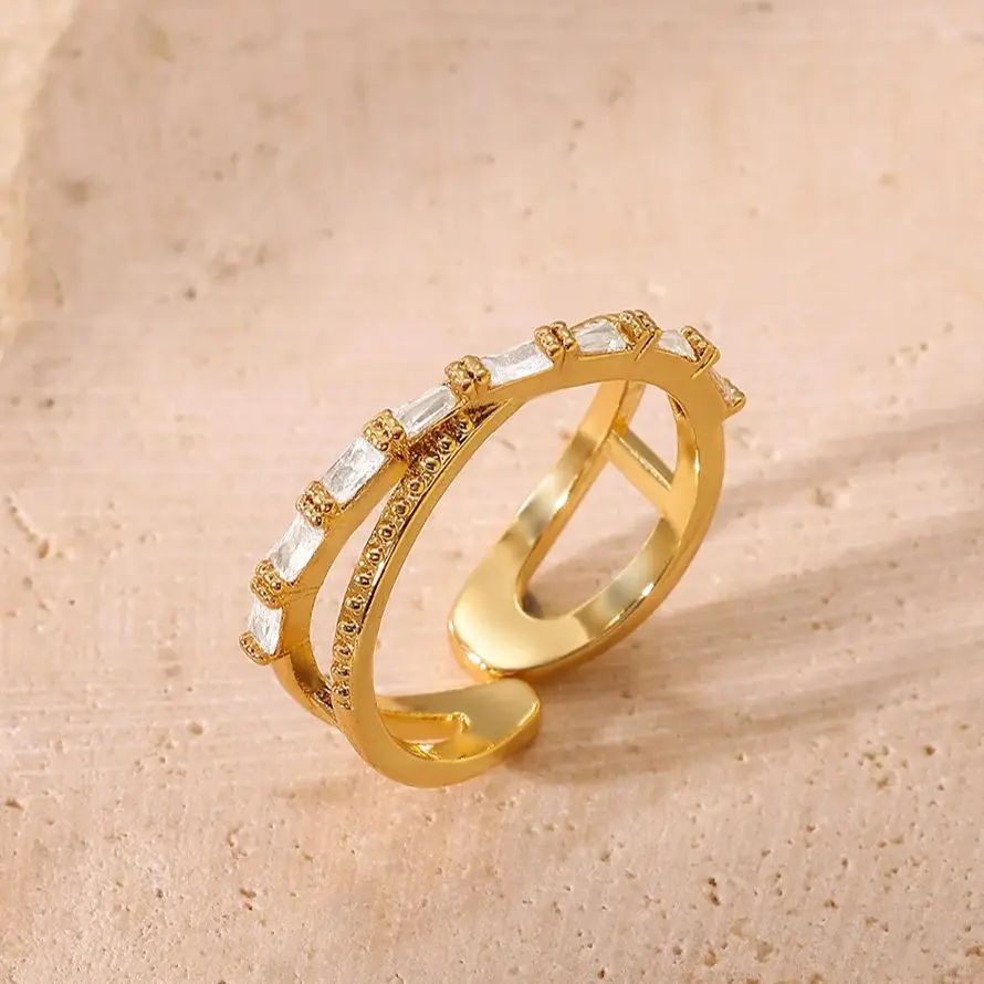 Luxury Zircon Cross Rings Gold Color Stainless Steel Sparkling Adjustable Ring
