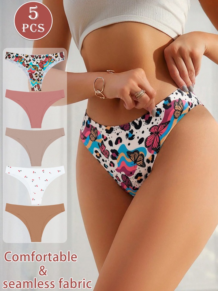 5 Pack Women's V-Waist Seamless Thong, Color Block No Show Comfort Underwear