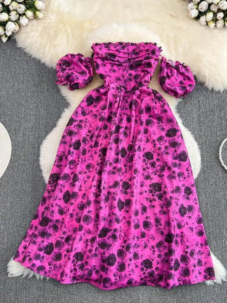 

Holiday Beach Print Long Dress Women Sexy Off Shoulder Robe Short Puff Sleeve Back Hollowed High Waist Bohemian Maxi Dress