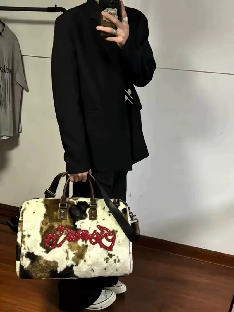 Women Soft Plush Hand Bag New Winter Leopard Cow Print Tote Bags Female Pu Leather Underarm Bags Furry Fluffy Shoulder Bag