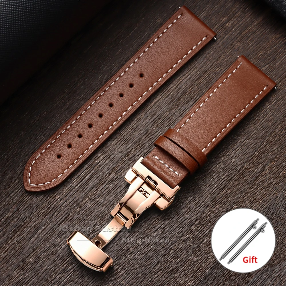 Vintage Leather Watch Strap with Butterfly Buckle and Quick Release