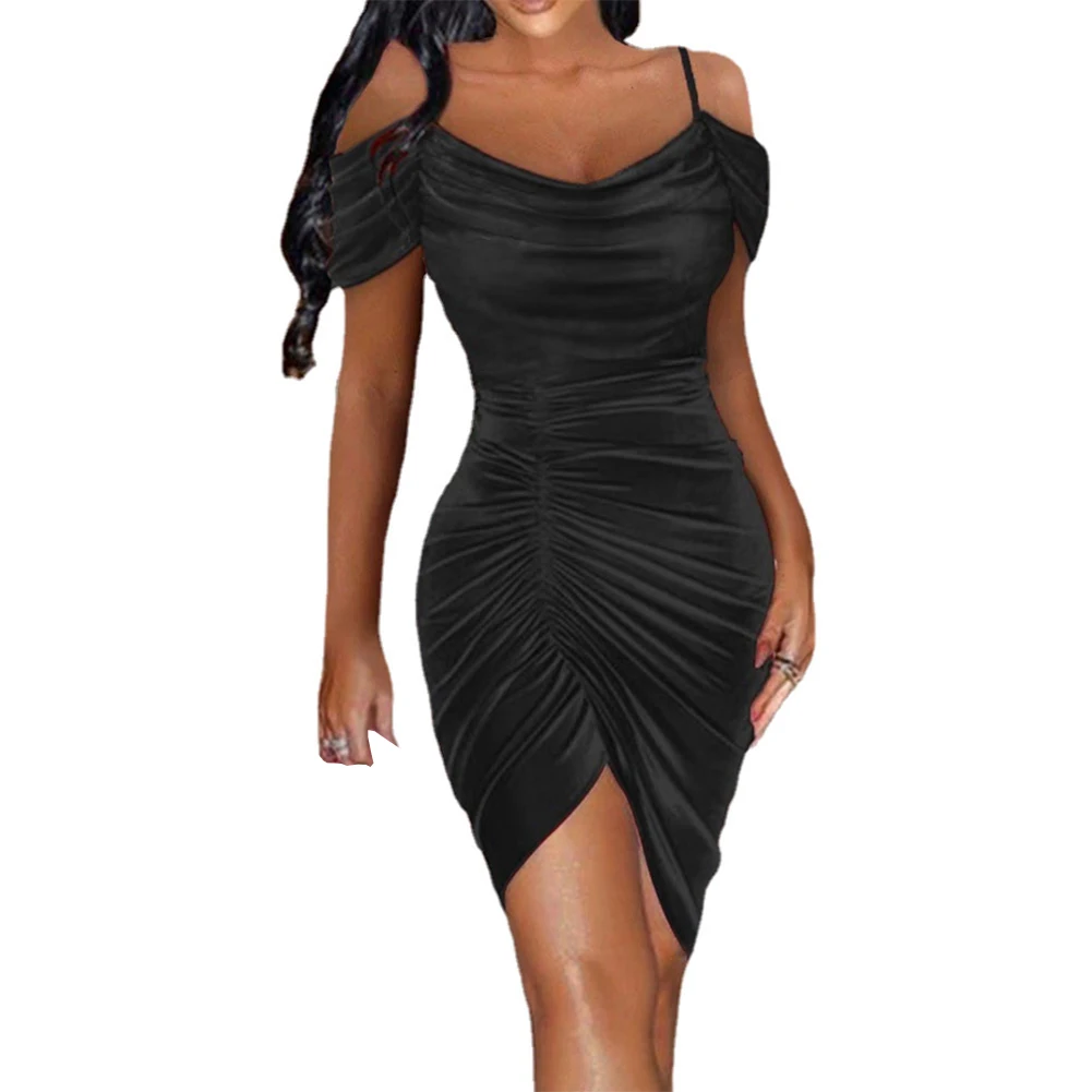 

Fashionable Womens Dress Skirt Sexy Shoulder Dress Slight Strech Soft Solid Color Velvet Cold Appointments Bodycon