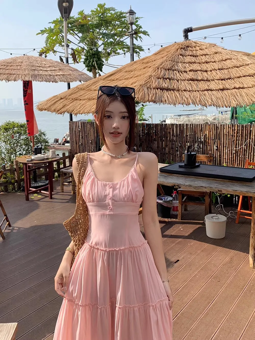 French Elegant Dresses for Women Solid Spaghetti Strap Summer New Ruffles A-line Casual Korean Chic Midi Vestidos Mujer