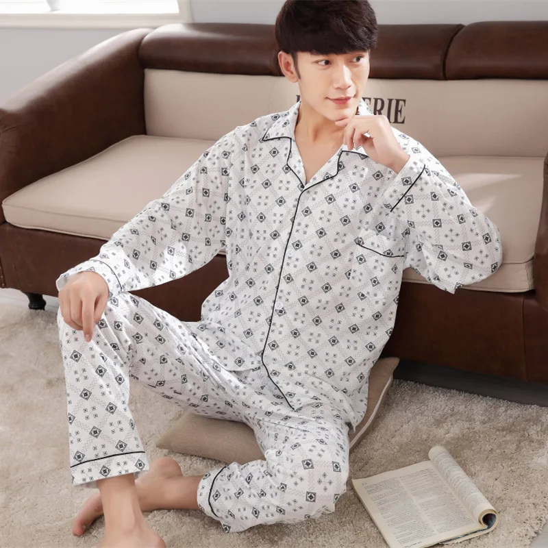 Spring Autumn Men's Thin Knitted Cotton Pajamas Long Sleeve Cardigan Sleepwear Large Size Home Clothing Set