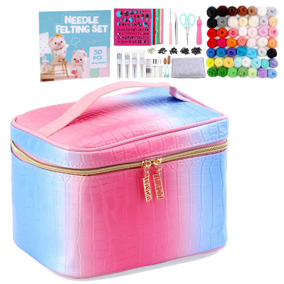 185 Pcs Wool Felting Tools Supplies Kit with 4 Sizes Felting Needles 50 Colors Wool Roving Mad for DIY Home Decorations