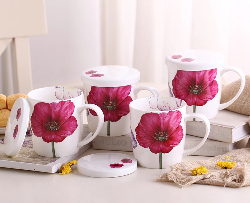 

4pcs Set, 350ML, Bone China Mug with Lid, Bloomind Design, Cafe Cup Coffee, Enamel Mug for Household Gift, Porcelain Coffee Mugs