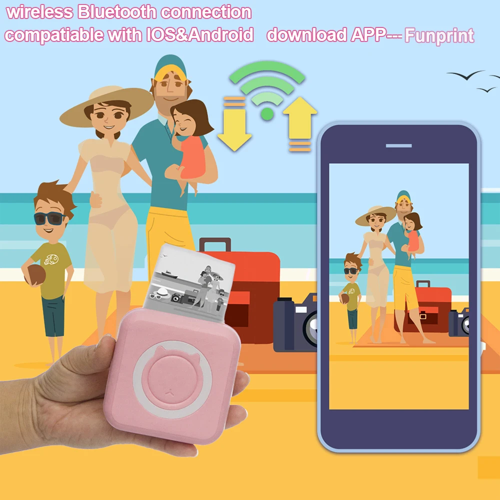 Portable Mini Thermal Printer Wirelessly BT 203dpi Photo Label Memo Wrong Question Printing  Paper USB Cable Imprimante Portable