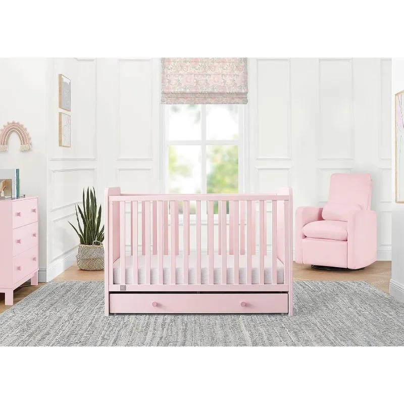 4-in-1 Convertible Crib with Storage Drawer - Greenguard Gold Certified, Blush Pink/Dark Pink 2