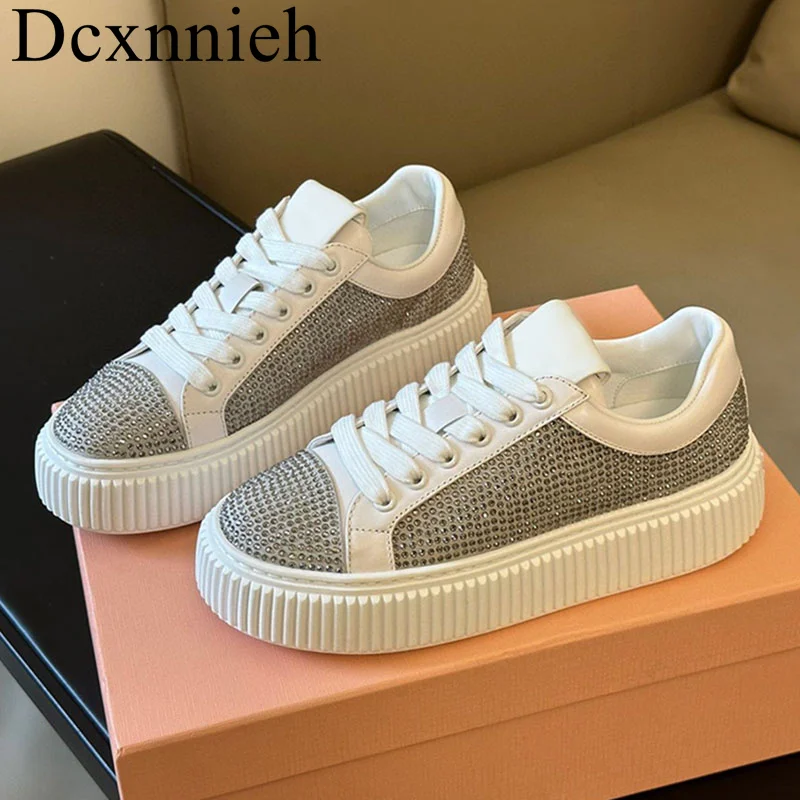 

Spring New Low Top Thick Sole Casual Shoes Women's Genuine Leather Lace up Flat Shoes Crystal Decoration Versatile Walking Shoes