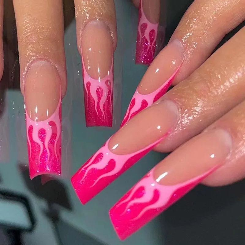 Pink Flame French Wearable Nail Art Star Glossy Long Ballet Staccabile Finito Unghie Finte Moda Stampa Sulle Unghie Wholsale