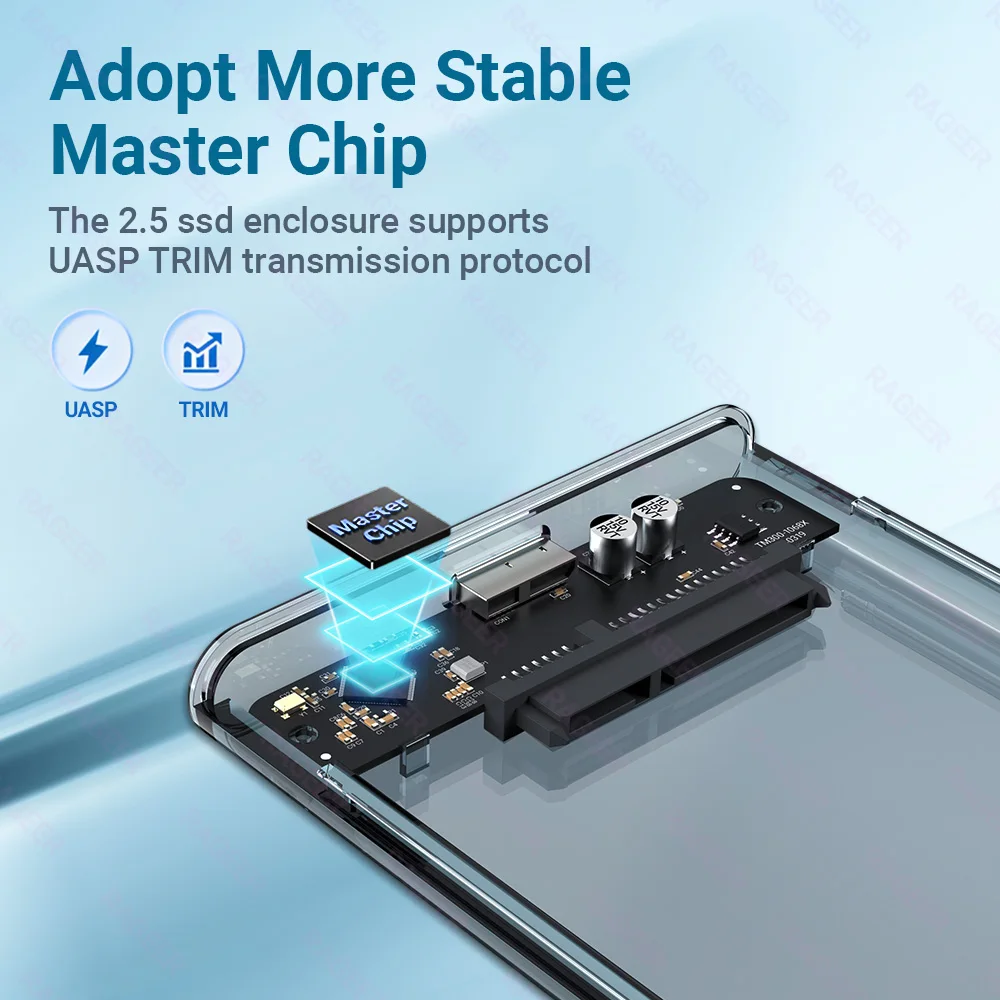 RAGEER 2.5인치 하드 드라이브 인클로저 - 공구 없이 설치, USB 3.0 UASP 지원, 2.5인치 SATA SSD 및 HDD용 5Gbps 속도, 플러그 앤 플레이 지원