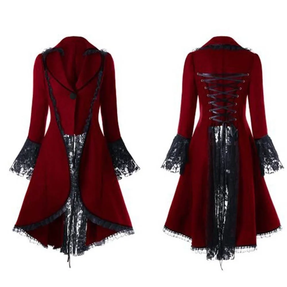 

Women Lace Trim Lace-up High Low Coat Black Steampunk Victorian Style Gothic Jacket Medieval Noble Court Dress Plus Size S-5XL