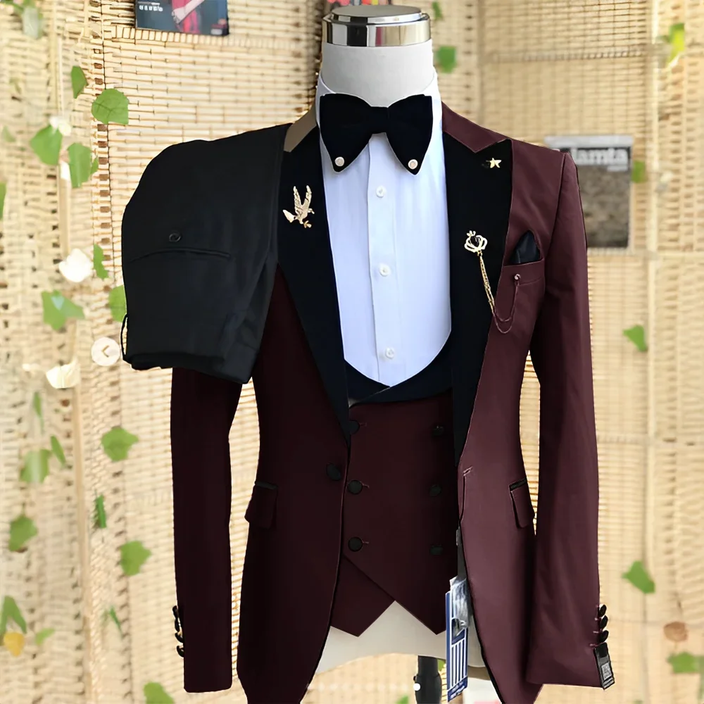 2024 Gorgeous Solid Men Suits 3 Piece Set Elegant Groom Wedding Tuxedo Formal Prom Party Male Suit Slim (Blazer+Vest+Pants) 5