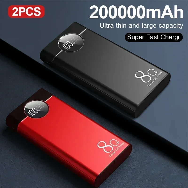 

2PCS 200000mAh large capacity aluminum digital display power bank multiple sockets ultra fast charging thin portable Power bank