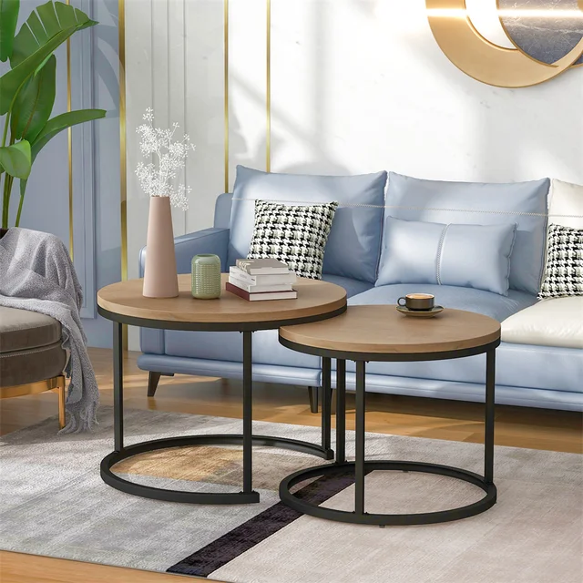 Bonnlo (81x81x49cm) Industrial Style Double Wood Grain Coffee Table 80  Round MDF Iron Mesh - AliExpress