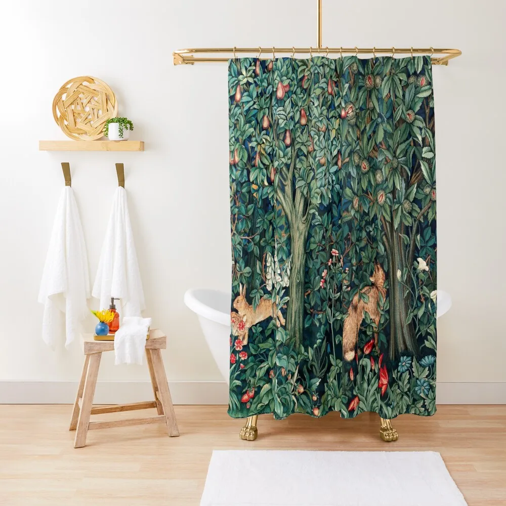 

GREENERY, FOREST ANIMALS Fox and Hares Blue Green Floral Tapestry Shower Curtain Accessories For Shower And Services Curtain