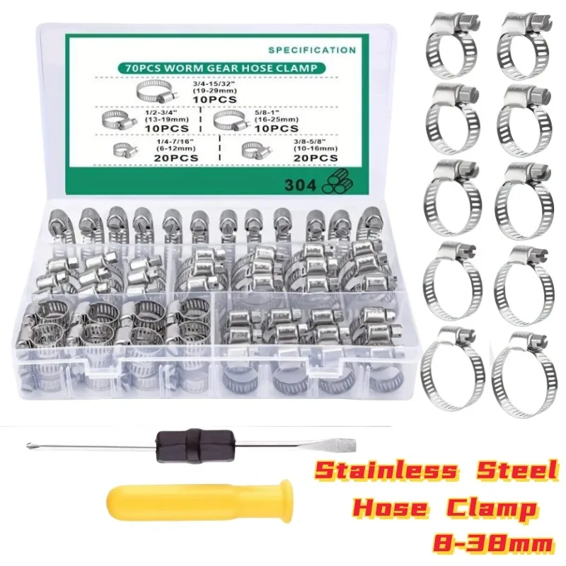60 PCS Adjustable Stainless Steel Hose Clamps Worm Gear Hose Clamp 8-38mm Stainless Steel Hose Lock for Water Pipe Pipes