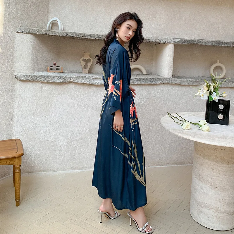 2023 New Nightgown Women's Spring and Summer Thin Section Ice Silk Satin Flower National Style Luxury Tie Morning Robe Bathrobe