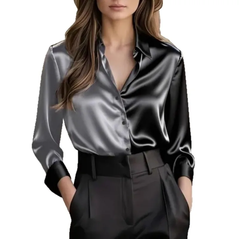 New Spring and Autumn Fashion Women's Lapel Color Matching Cardigan Long-sleeved Shirt Elegant Single-breasted Satin Blouse Top
