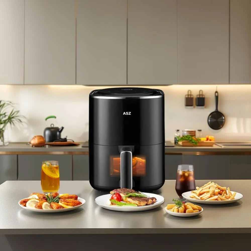 ASZ Digital Air Fryer 4.5qt with Window  8 Presets Bake Toast Broil Reheat Bacon Black 400°F Airfryer 85% Oil Less 4