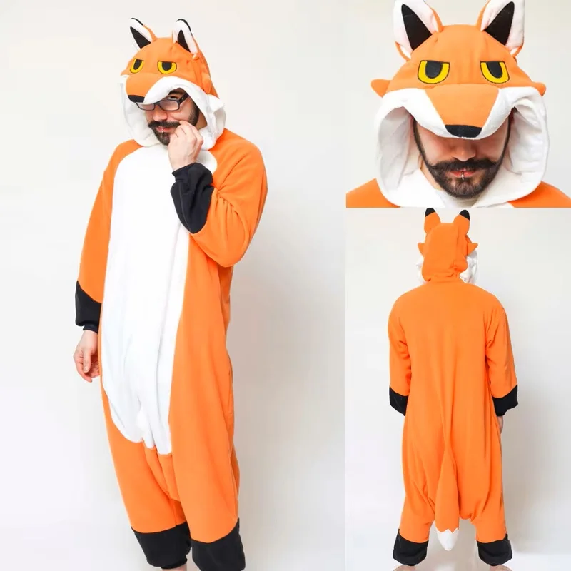 Animal Fox Kigurumis Flannel Adult Women Men Warm Cute Funny Fox Onesie Pajamas Winter Party Jumpsuit Cartoon Sleepwear