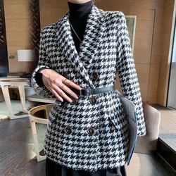 Nova moda houndstooth blazers feminino lã solto terno casaco plus size senhora do escritório cinza casual comutar blazers xadrez fino terno