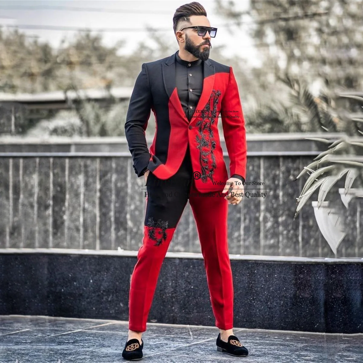 Newest Fashion Splice Suits Men Lace Applique Groom Tuxedos Slim Prom Blazer