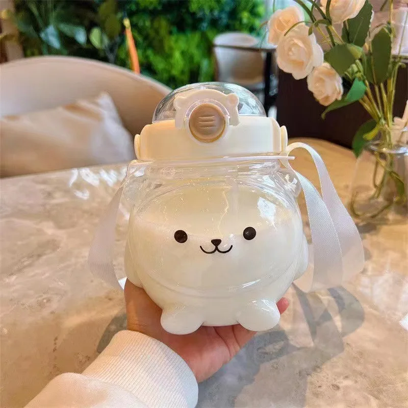 귀여운 작은 곰 대용량 어린이 플라스틱 물병, 빨대 작은 곰 빨대 컵, 여름