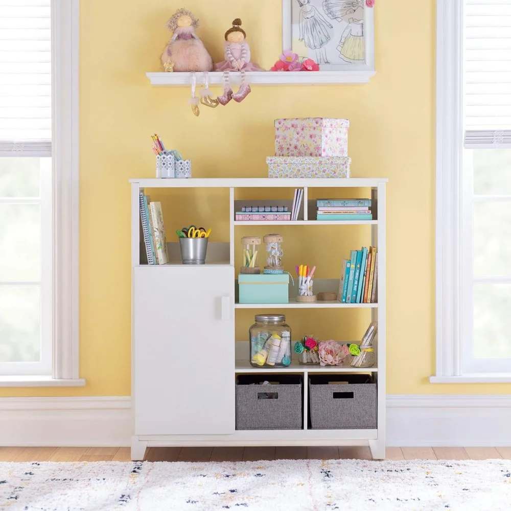 Kids' Media System-: 43 Inch Wooden Cubby Storage Organizer Bookcase with Fabric Bins for Bedroom and Playroom