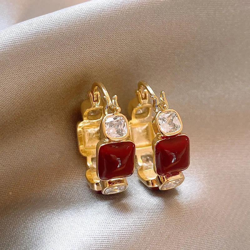 Vintage Red Coffee Square Enamel Hoop Earrings For Women 2024 New