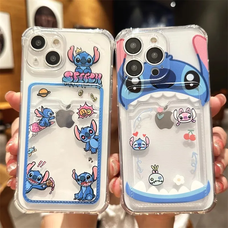 

Bandai Stitch Card Holder Phone Case for iPhone 15 14 13 12 11 pro max Cute Cartoon Pocket Cover for iPhone Xs Max XR Cases
