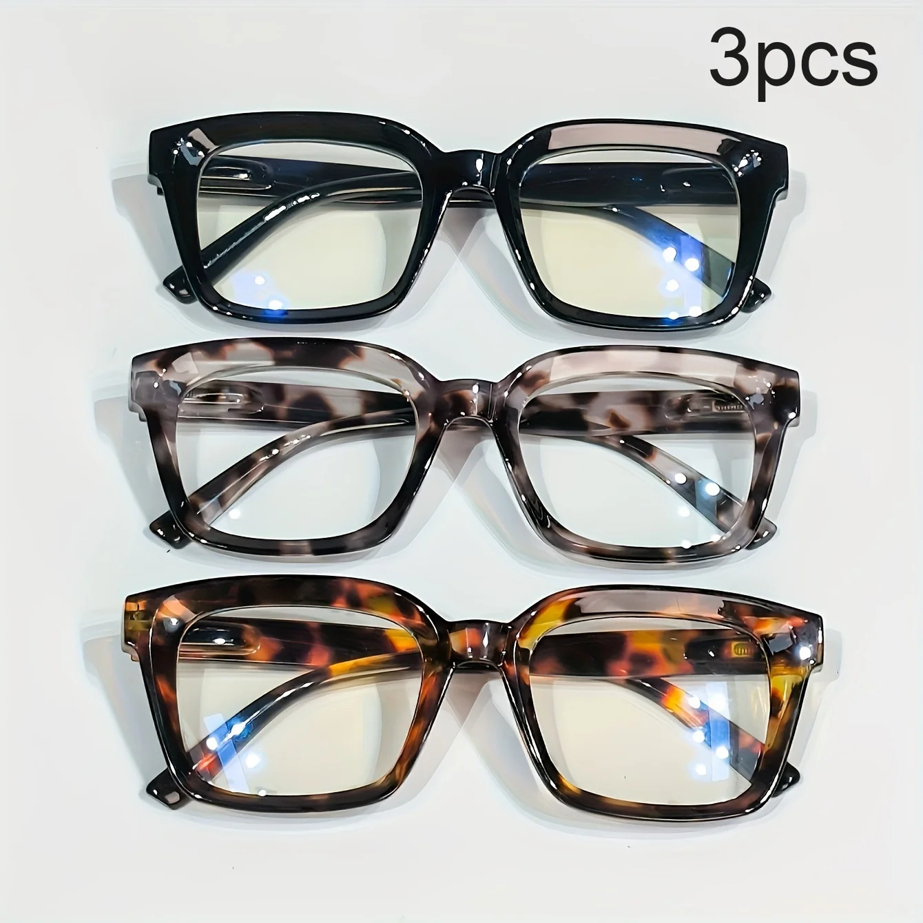 3 Pack Stylish Square Reading Glasses for Male Female Spring Hinge Blue Light Blocking Comfortable Fit Durable Construction