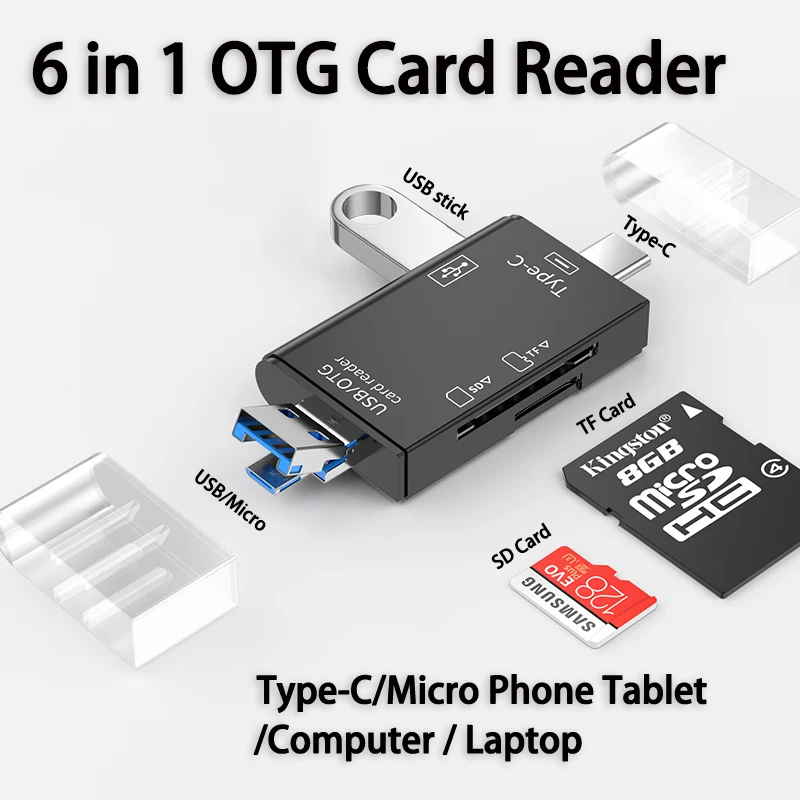 NNBILI OTG C 타입 마이크로 SD 카드 리더, 플래시 드라이브, 스마트 메모리 카드 리더, USB 2.0 TF CF 카드 리더 어댑터, 6 in 1