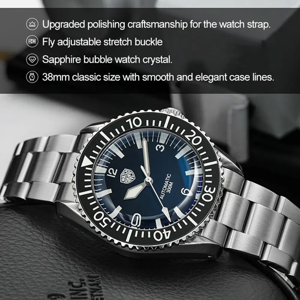 Watchdives WD1967 Sharkmaster 300 NH35 Automatic Watches Bubble Sapphire Crystal Wristwatch BGW9 Blue Luminous Watch for Men