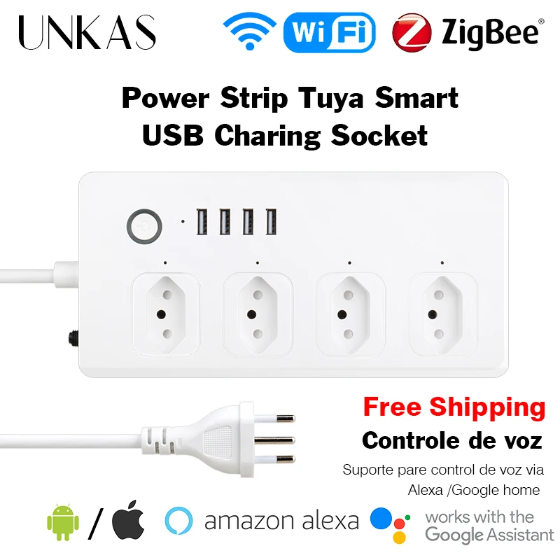 

UNKAS Brazil Power Strip ZigBee WiFi Tuya Plug Extension Cord Surge Protector Smart Home Socket Alexa Google Voice Control