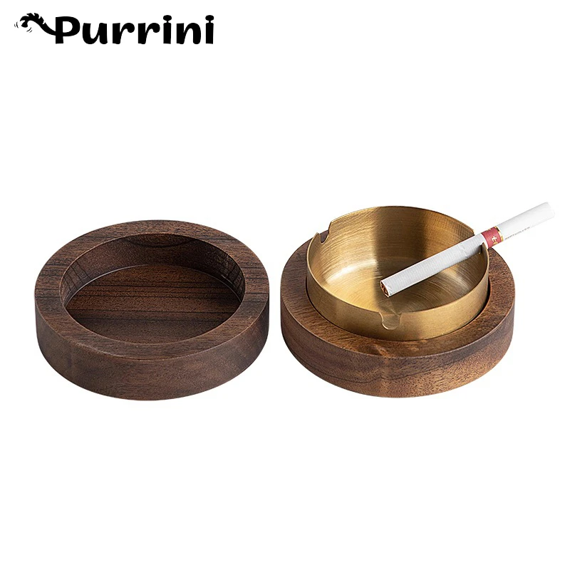 Walnut Wood Ashtrays With Lid Covered Windproof Ashtray With Stainless