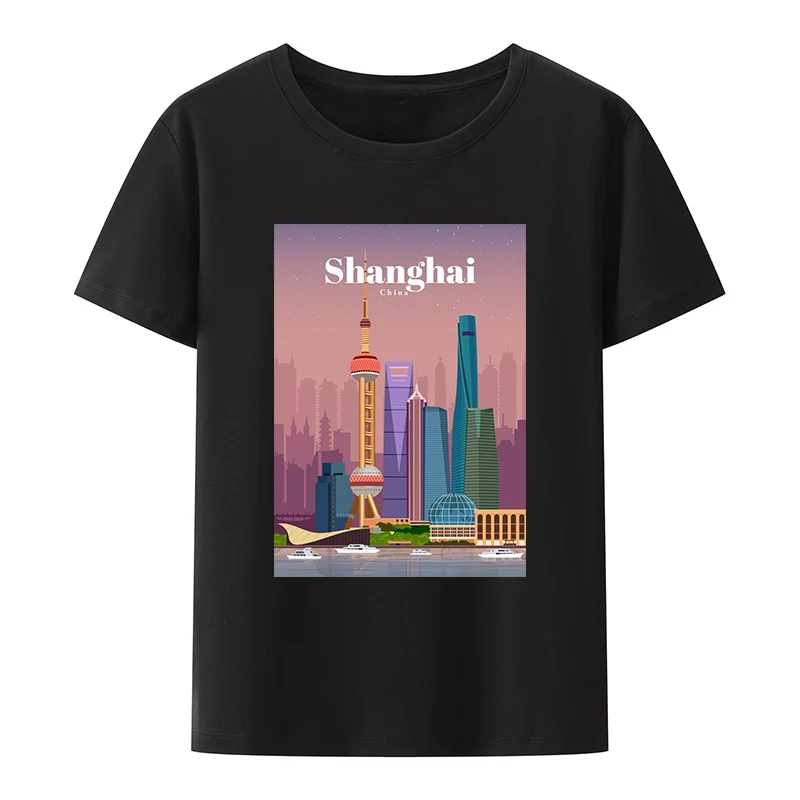 

Shanghai China Scenery Cotton T-shirt Tourism Commemorative Comic Style Camiseta Hombre Loose Koszulki Camisetas Novelty O-neck