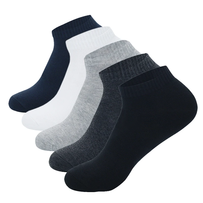 5 Pairs Low Cut Men Socks Solid Color Black White Breathable Cotton ...