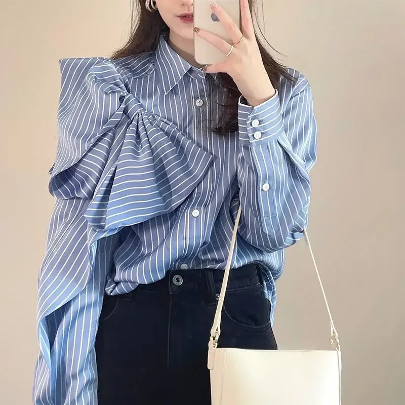 

DAYIFUN-Long Sleeve Shirts Women Blue Bow Stripe Design Blouses Female Tops Korean Style New Loose BF Style Spring Autumn 2024