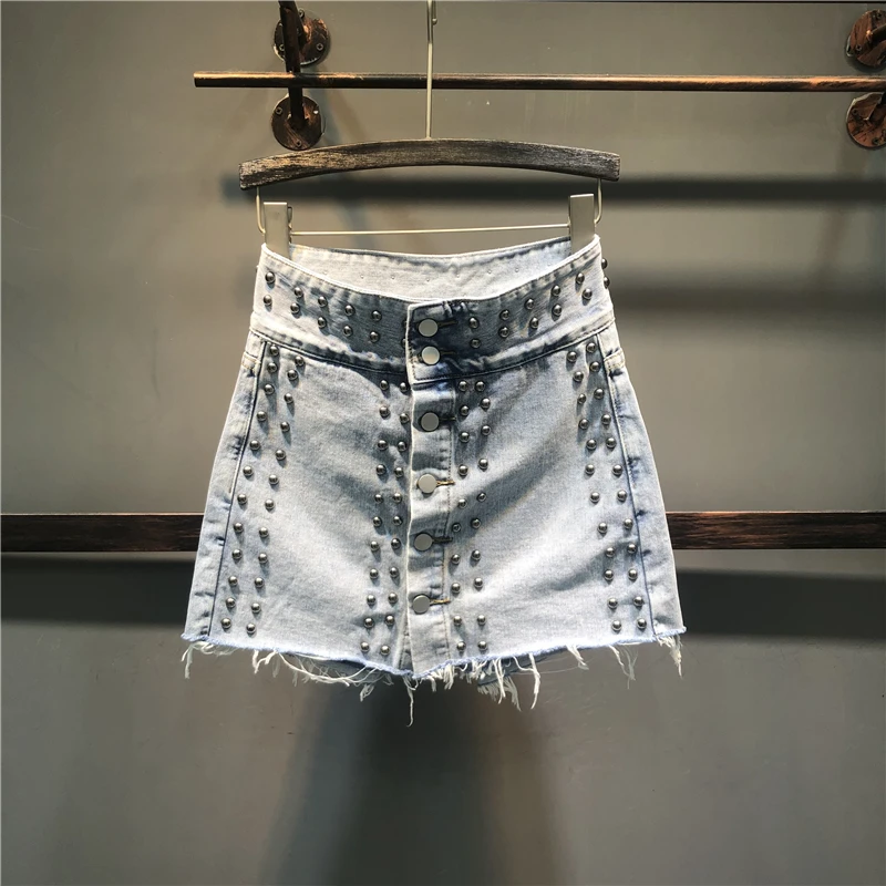 

Women's Denim Skirt 2023 New Personality Riveted High Waist Hot Pants A-Line Half Skirt Tide Free Shipping