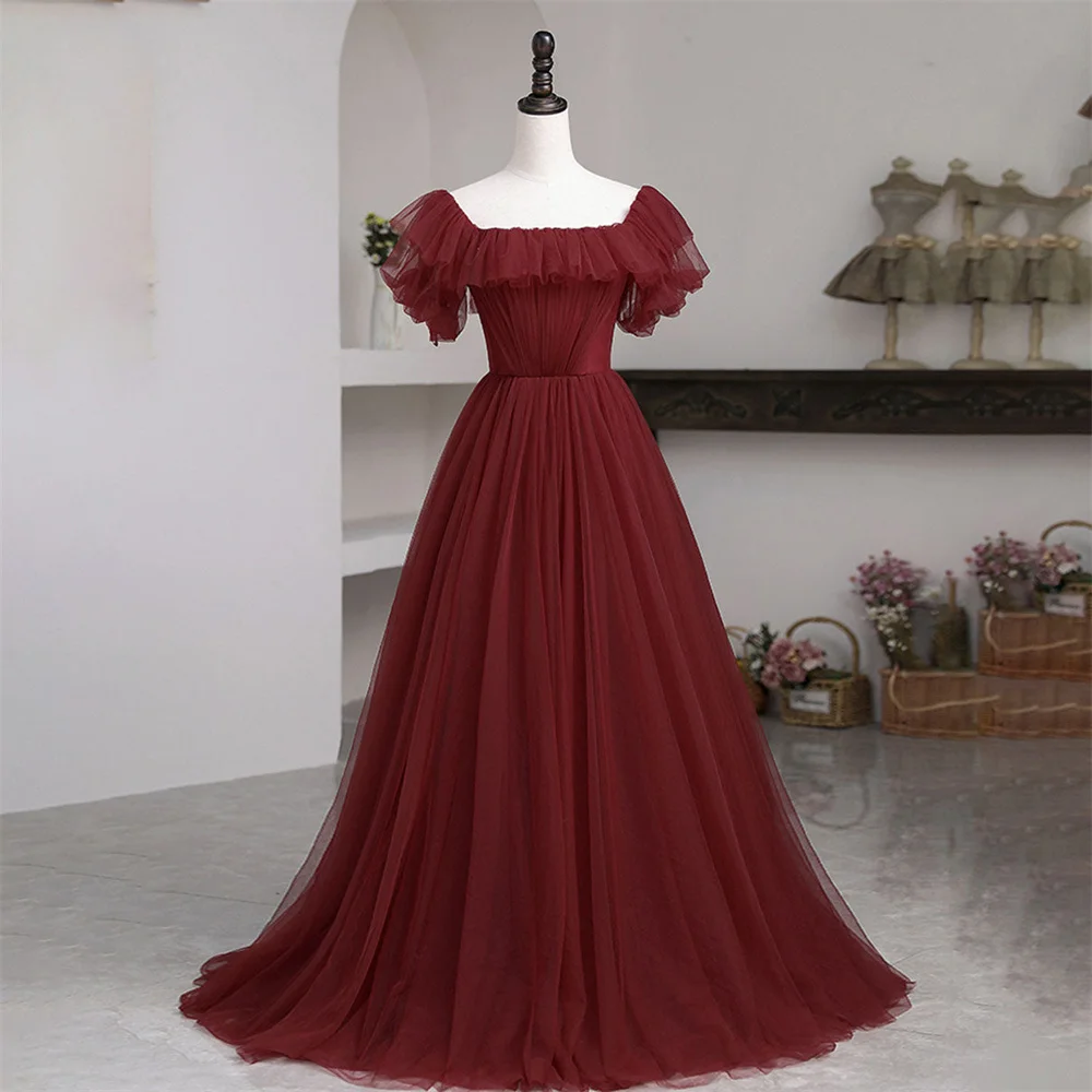 

Lily Burgundy Elegant Sexy Wedding Party Dress Lace Up Back Celebrity Dresses Net A Line Special Occasion Dresses robes du soir