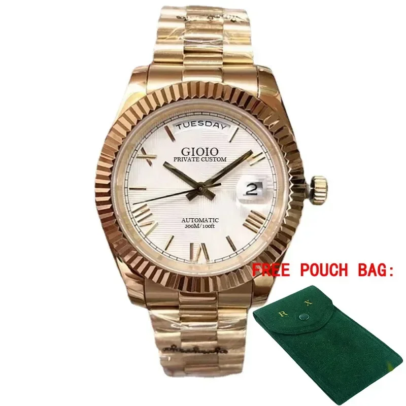 

Luxury Mens Automatic Mechanical Watch Daydate Stainless Steel Sapphire Gold White Rome Dial