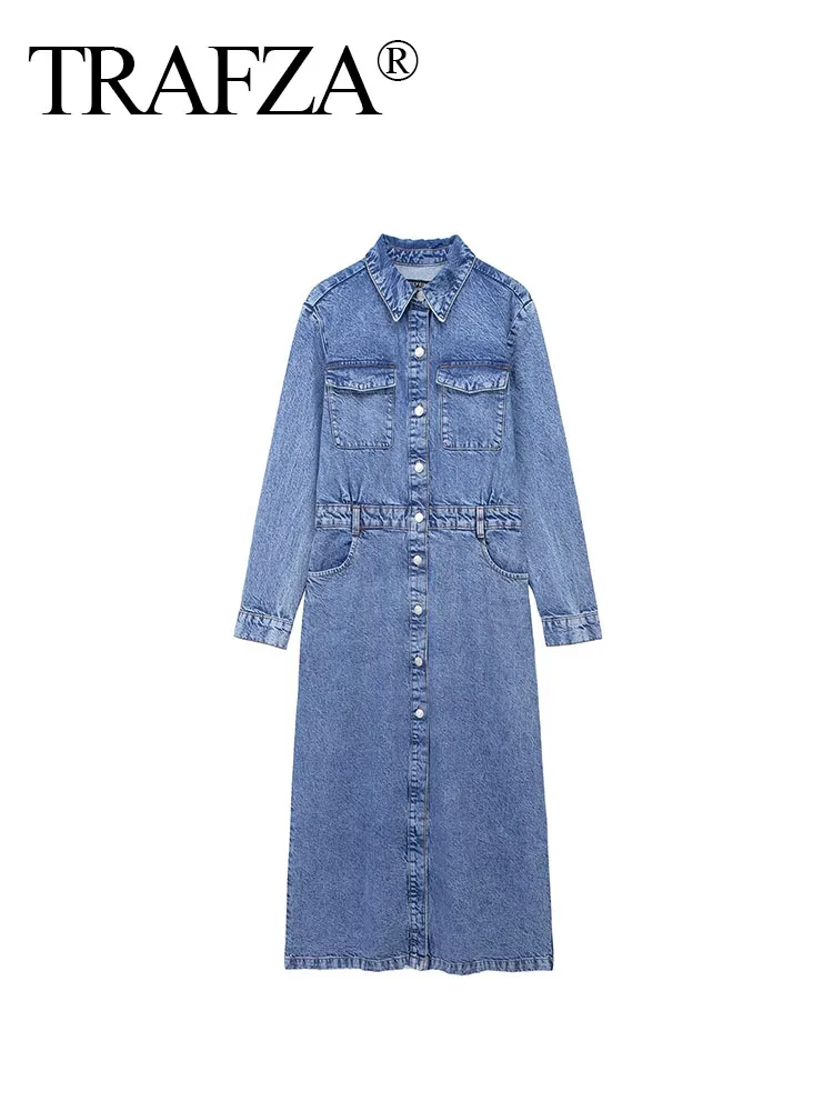 

TRAFZA Female Summer Fashion Long Sleeve Lapel Ankle Length Denim Dresses Women Chic Blue Color Vintage Long Dresses Mujer TRAF