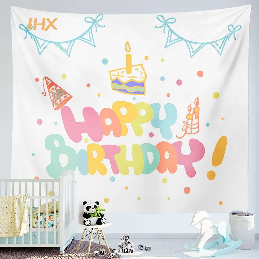 Happy Birthday Background Tapestry Cloth Kawaii Children&rsquo;s Room Wall Decoration Girls Dormitory Cartoons Dormit Home Party Decor tapestry decor