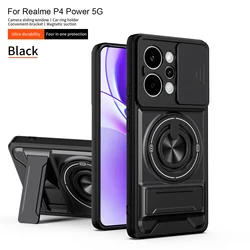 360° Rotating Ring Magnetic Stand Slide Camera Protector Shockproof Magsafe Phone Cover for Realme P4 Power (Black)