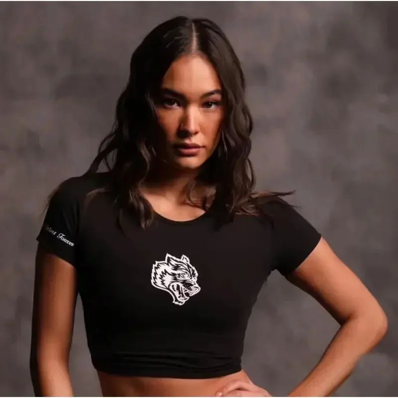 High Quality Wolf Head Ladies Sports Skinny Short Sleeve Running Fitness Yoga Short High Elastic Quick Drying Printed T-Shirt 4