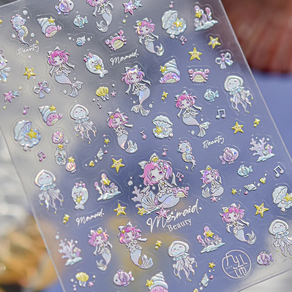 Verträumte Wasserblase Goldfisch Meerjungfrau Ozean Thema 5D Nail Art Aufkleber Bunte schillernde Muschel Glow Selbstklebender Maniküre Aufkleber – Detail 23