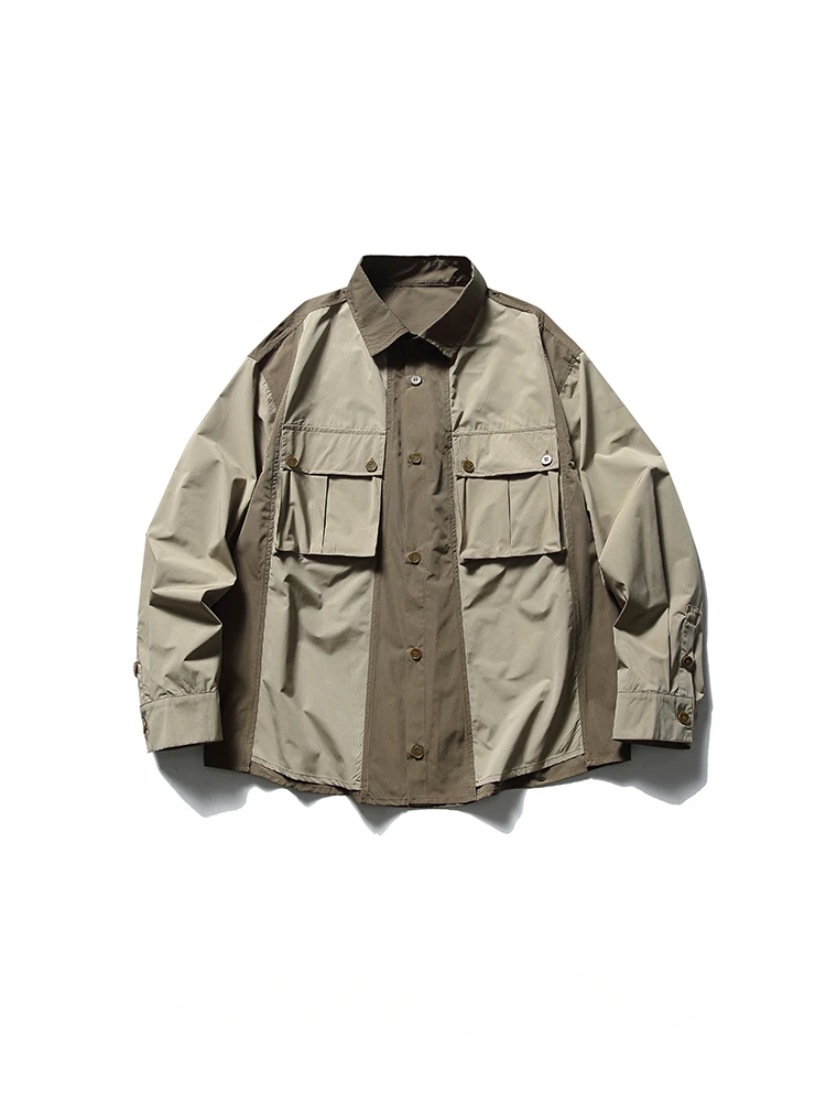 

Trendy Brand Street Japanese Style Contrast Color Spliced Long-sleeved Shirts Men's Lapel Retro Loose Niche Work Shirt Jackets